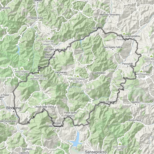 Miniature de la carte de l'inspiration cycliste "Les Monts de Romagne" dans la Toscana, Italy. Générée par le planificateur d'itinéraire cycliste Tarmacs.app