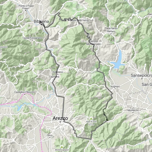 Miniatura della mappa di ispirazione al ciclismo "Road Loop dei Monti Rognosi" nella regione di Toscana, Italy. Generata da Tarmacs.app, pianificatore di rotte ciclistiche