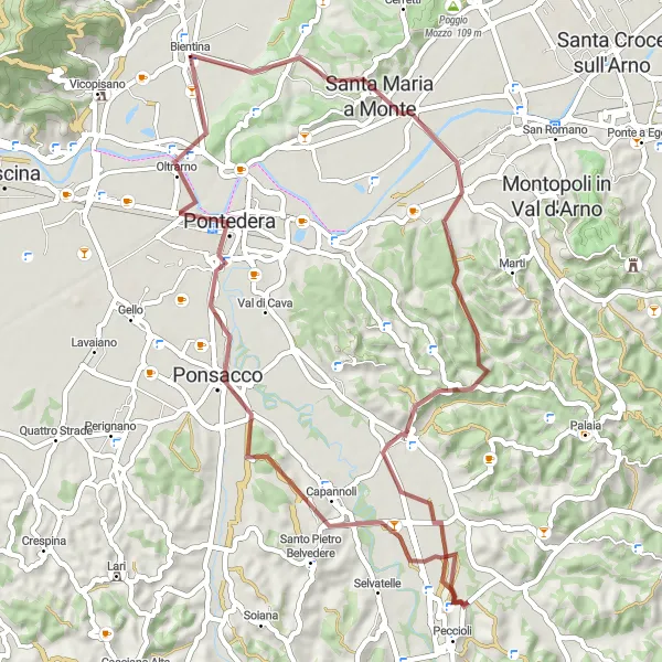 Miniatuurkaart van de fietsinspiratie "Fietsroute rond Bientina via Santa Maria a Monte" in Toscana, Italy. Gemaakt door de Tarmacs.app fietsrouteplanner