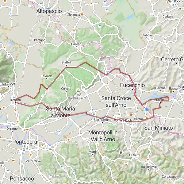 Miniatua del mapa de inspiración ciclista "Ruta de Ciclismo en Grava Bientina-Castelfranco di Sotto" en Toscana, Italy. Generado por Tarmacs.app planificador de rutas ciclistas