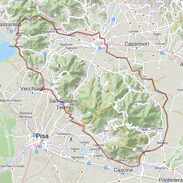 Miniaturní mapa "Gravel cyklotrasa kolem Bientina" inspirace pro cyklisty v oblasti Toscana, Italy. Vytvořeno pomocí plánovače tras Tarmacs.app
