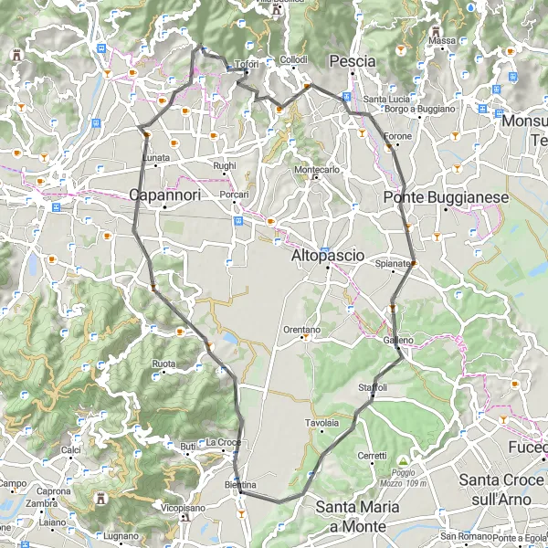 Mapa miniatúra "Okružná cyklistická trasa z Bientiny" cyklistická inšpirácia v Toscana, Italy. Vygenerované cyklistickým plánovačom trás Tarmacs.app