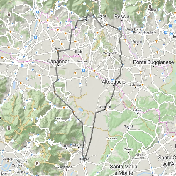 Miniatura della mappa di ispirazione al ciclismo "Giro in Bicicletta da Bientina a Altopascio" nella regione di Toscana, Italy. Generata da Tarmacs.app, pianificatore di rotte ciclistiche