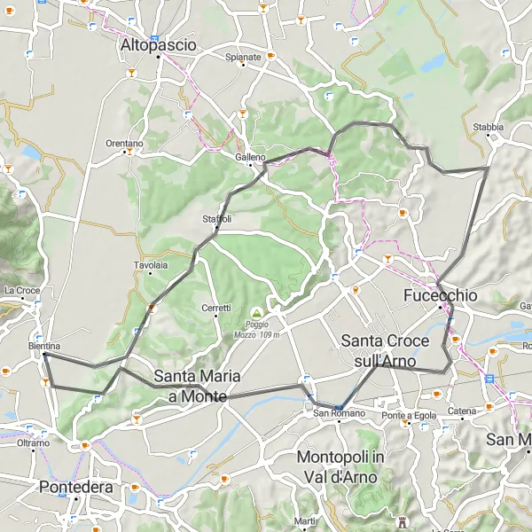 Map miniature of "Tuscan Road Delight" cycling inspiration in Toscana, Italy. Generated by Tarmacs.app cycling route planner
