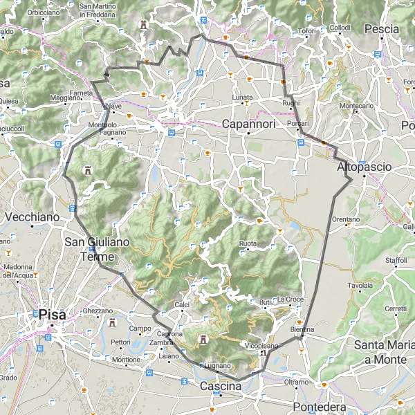Miniatua del mapa de inspiración ciclista "Ruta de Ciclismo de Carretera Cascina-Porcari" en Toscana, Italy. Generado por Tarmacs.app planificador de rutas ciclistas