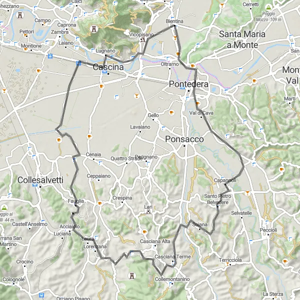 Miniaturní mapa "Cyklistický výlet kolem Pontedery" inspirace pro cyklisty v oblasti Toscana, Italy. Vytvořeno pomocí plánovače tras Tarmacs.app