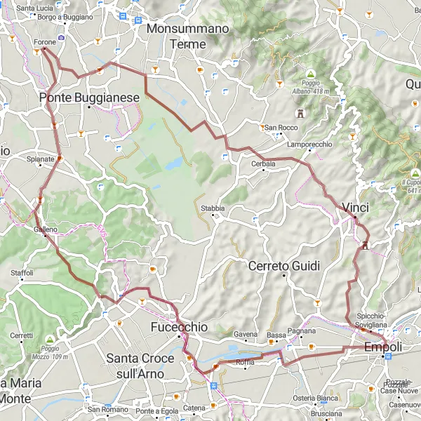 Zemljevid v pomanjšavi "Kolesarska tura Vinci - Empoli" kolesarske inspiracije v Toscana, Italy. Generirano z načrtovalcem kolesarskih poti Tarmacs.app