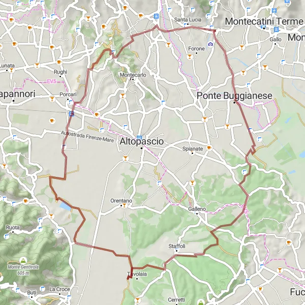 Zemljevid v pomanjšavi "Kolesarska tura Ponte Buggianese" kolesarske inspiracije v Toscana, Italy. Generirano z načrtovalcem kolesarskih poti Tarmacs.app