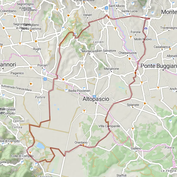 Karttaminiaatyyri "Borgo a Buggiano Maaseutumatka" pyöräilyinspiraatiosta alueella Toscana, Italy. Luotu Tarmacs.app pyöräilyreittisuunnittelijalla