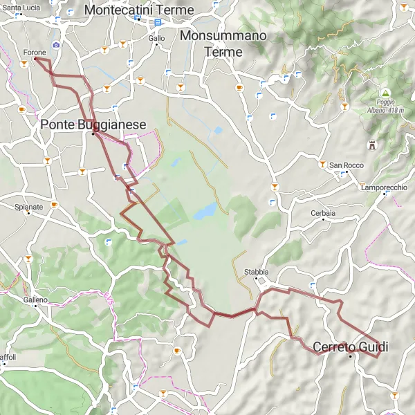 Miniatura della mappa di ispirazione al ciclismo "52 km di avventura in bicicletta sterrata" nella regione di Toscana, Italy. Generata da Tarmacs.app, pianificatore di rotte ciclistiche