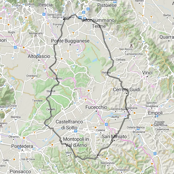 Miniatura della mappa di ispirazione al ciclismo "Strada verso Chiesina Uzzanese" nella regione di Toscana, Italy. Generata da Tarmacs.app, pianificatore di rotte ciclistiche