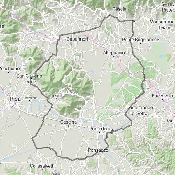 Miniatura della mappa di ispirazione al ciclismo "114 km di ciclismo su strada tra natura e cultura" nella regione di Toscana, Italy. Generata da Tarmacs.app, pianificatore di rotte ciclistiche