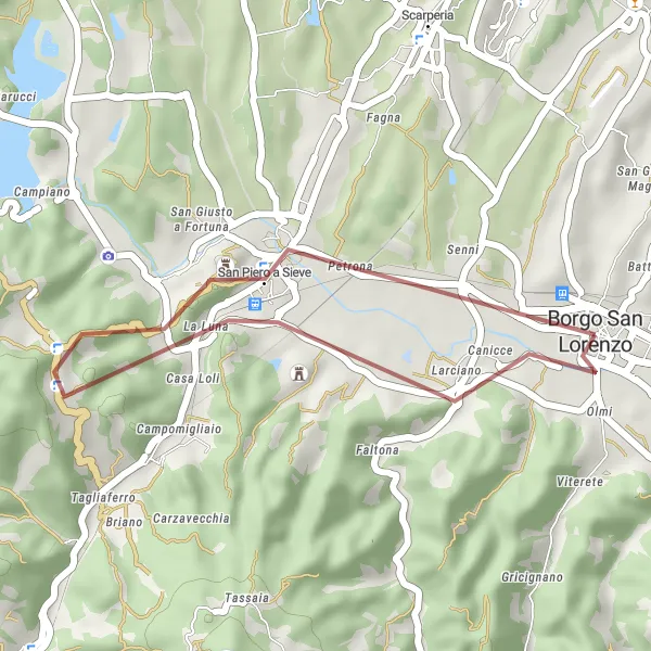 Miniatua del mapa de inspiración ciclista "Ruta a San Piero a Sieve" en Toscana, Italy. Generado por Tarmacs.app planificador de rutas ciclistas
