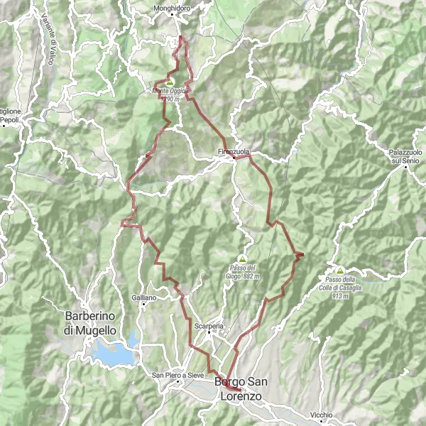 Kartminiatyr av "Grusvei eventyr i Mugello" sykkelinspirasjon i Toscana, Italy. Generert av Tarmacs.app sykkelrutoplanlegger