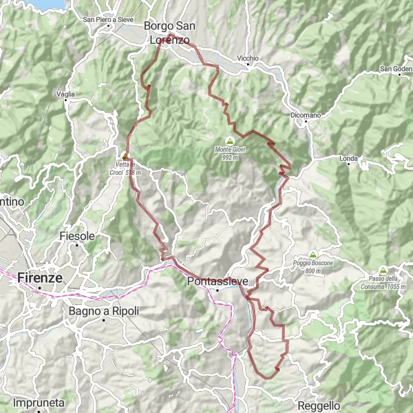 Miniaturní mapa "Gravelová jízda Monte Giovi a Poggio Leccia" inspirace pro cyklisty v oblasti Toscana, Italy. Vytvořeno pomocí plánovače tras Tarmacs.app