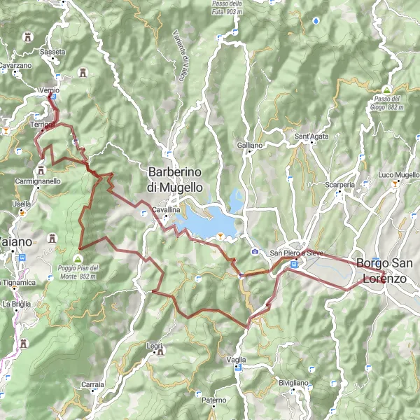 Miniaturní mapa "Gravel do Borgo San Lorenzo" inspirace pro cyklisty v oblasti Toscana, Italy. Vytvořeno pomocí plánovače tras Tarmacs.app