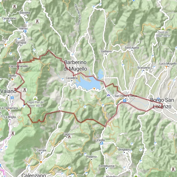 Kartminiatyr av "Grusvei-eventyr gjennom Mugello-dalen" sykkelinspirasjon i Toscana, Italy. Generert av Tarmacs.app sykkelrutoplanlegger