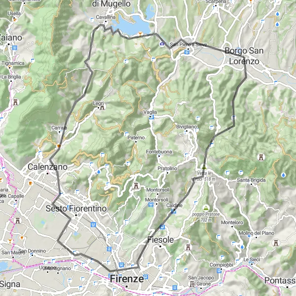 Miniaturní mapa "Okruh kolem Borgo San Lorenzo" inspirace pro cyklisty v oblasti Toscana, Italy. Vytvořeno pomocí plánovače tras Tarmacs.app