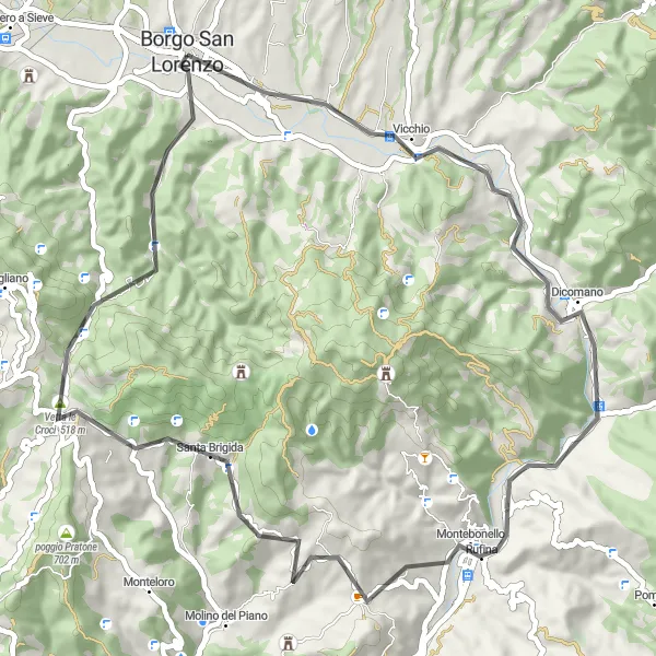 Map miniature of "The Hills of Borgo San Lorenzo" cycling inspiration in Toscana, Italy. Generated by Tarmacs.app cycling route planner