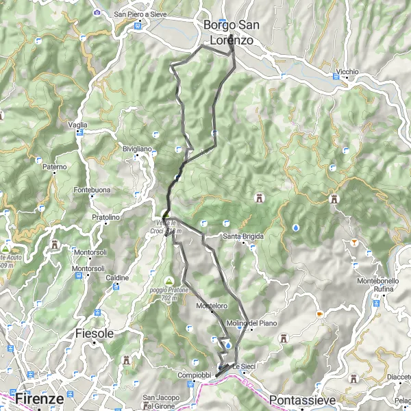 Map miniature of "The Hills of Borgo San Lorenzo" cycling inspiration in Toscana, Italy. Generated by Tarmacs.app cycling route planner