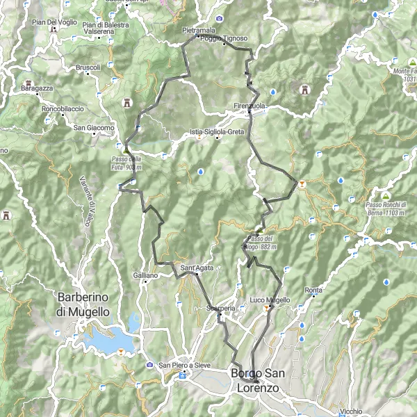 Miniatua del mapa de inspiración ciclista "Ruta de montaña Passo della Futa y Passo della Raticosa" en Toscana, Italy. Generado por Tarmacs.app planificador de rutas ciclistas