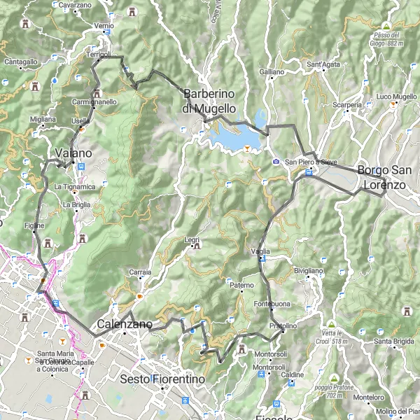 Miniatua del mapa de inspiración ciclista "Ruta escénica a Vaglia" en Toscana, Italy. Generado por Tarmacs.app planificador de rutas ciclistas