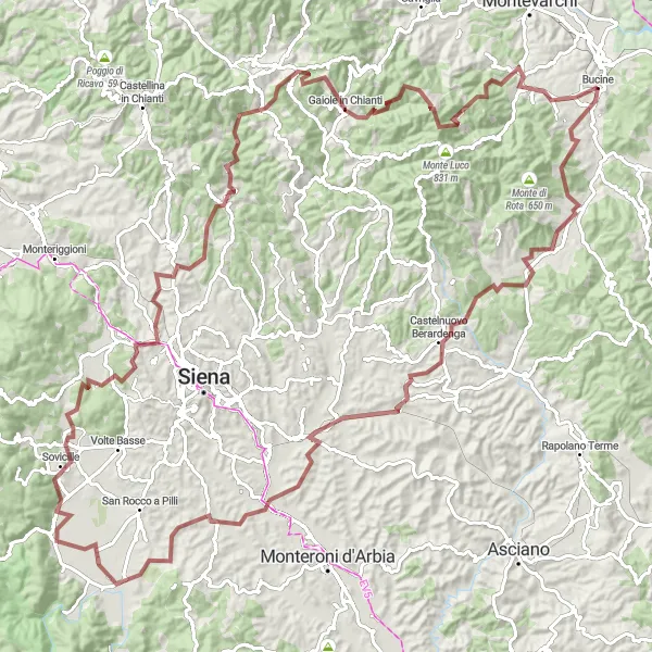 Kartminiatyr av "Bucine til Bucine Gravel Cycling Route" sykkelinspirasjon i Toscana, Italy. Generert av Tarmacs.app sykkelrutoplanlegger