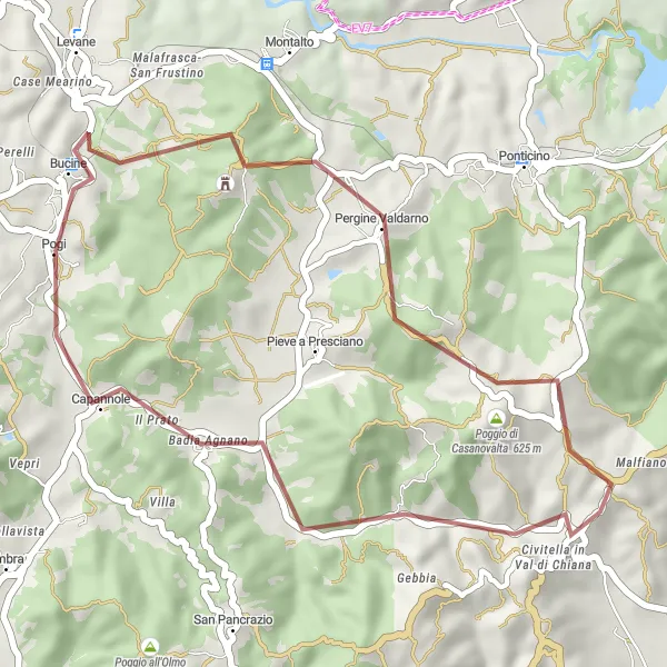 Kartminiatyr av "Grusveien til Pergine Valdarno" sykkelinspirasjon i Toscana, Italy. Generert av Tarmacs.app sykkelrutoplanlegger