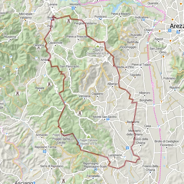 Zemljevid v pomanjšavi "Zahtevna pot okoli Bucine - makadam" kolesarske inspiracije v Toscana, Italy. Generirano z načrtovalcem kolesarskih poti Tarmacs.app