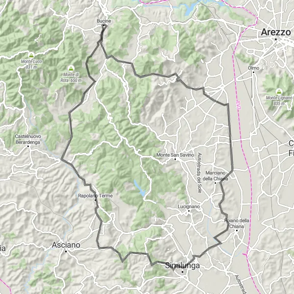 Miniatura della mappa di ispirazione al ciclismo "Avventura tra Monte Acuto e Sinalunga" nella regione di Toscana, Italy. Generata da Tarmacs.app, pianificatore di rotte ciclistiche