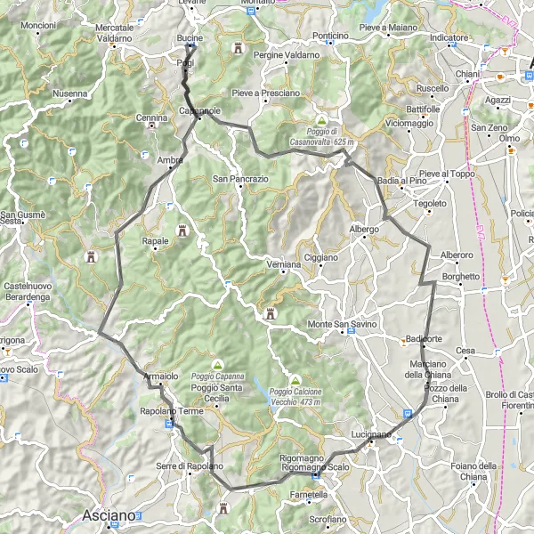 Miniatua del mapa de inspiración ciclista "Ruta de Carretera a Bucine" en Toscana, Italy. Generado por Tarmacs.app planificador de rutas ciclistas