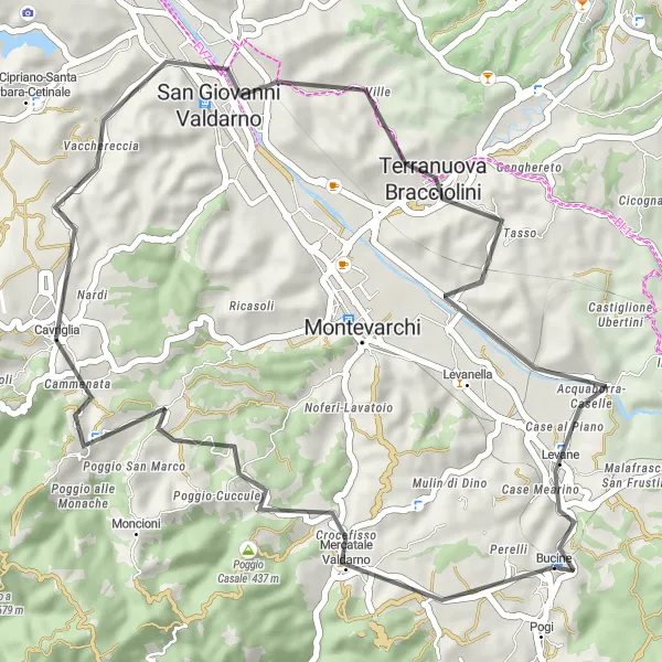 Miniatura della mappa di ispirazione al ciclismo "Scoperta dei paesaggi tra Terranuova Bracciolini e San Giovanni Valdarno" nella regione di Toscana, Italy. Generata da Tarmacs.app, pianificatore di rotte ciclistiche