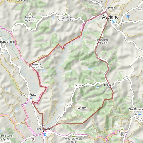 Map miniature of "The Chiusure Escape" cycling inspiration in Toscana, Italy. Generated by Tarmacs.app cycling route planner