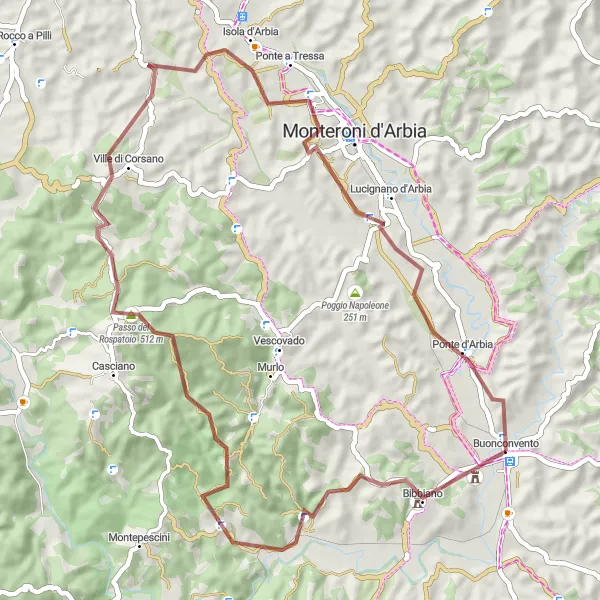 Miniatua del mapa de inspiración ciclista "Ruta de ciclismo de 57 km en caminos de grava cerca de Buonconvento" en Toscana, Italy. Generado por Tarmacs.app planificador de rutas ciclistas