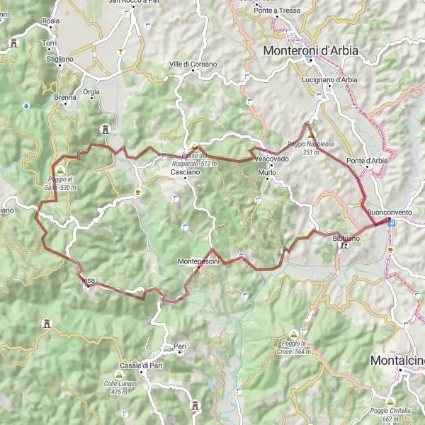 Miniatua del mapa de inspiración ciclista "Ruta de 72 km desde Buonconvento" en Toscana, Italy. Generado por Tarmacs.app planificador de rutas ciclistas