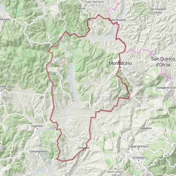 Miniatura della mappa di ispirazione al ciclismo "Giro panoramico attraverso Montalcino e Porrona" nella regione di Toscana, Italy. Generata da Tarmacs.app, pianificatore di rotte ciclistiche