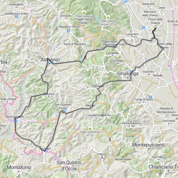 Miniatura mapy "Pełna wyprawa szosowa przez Sinalunga i Foiano della Chiana" - trasy rowerowej w Toscana, Italy. Wygenerowane przez planer tras rowerowych Tarmacs.app