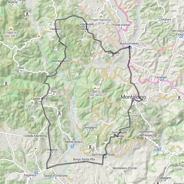 Miniatua del mapa de inspiración ciclista "Ruta de 92 km desde Buonconvento" en Toscana, Italy. Generado por Tarmacs.app planificador de rutas ciclistas
