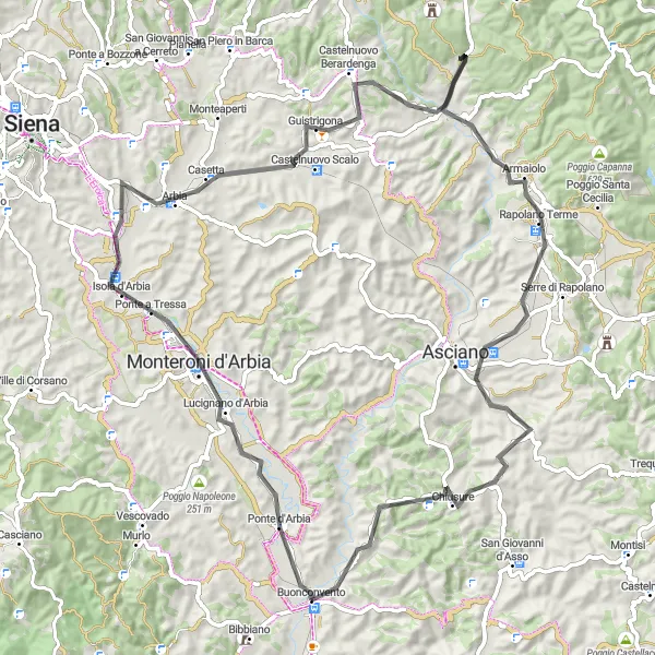 Map miniature of "Buonconvento - Monte Oliveto Maggiore Loop" cycling inspiration in Toscana, Italy. Generated by Tarmacs.app cycling route planner