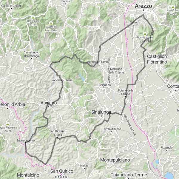 Kartminiatyr av "Lång tur till Piazza di Siena och Castelmuzio" cykelinspiration i Toscana, Italy. Genererad av Tarmacs.app cykelruttplanerare
