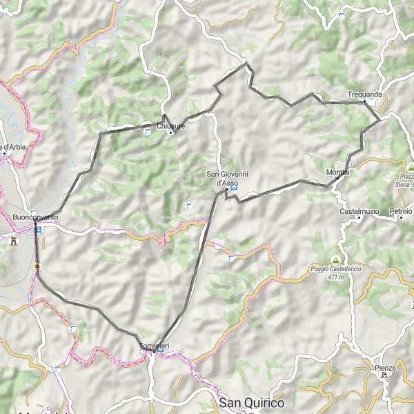 Kartminiatyr av "Rundtur til Chiusure og San Giovanni d'Asso" sykkelinspirasjon i Toscana, Italy. Generert av Tarmacs.app sykkelrutoplanlegger
