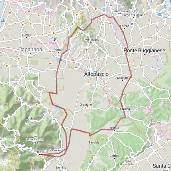 Mapa miniatúra "Gravel loop to Galleno and Chiesina Uzzanese" cyklistická inšpirácia v Toscana, Italy. Vygenerované cyklistickým plánovačom trás Tarmacs.app