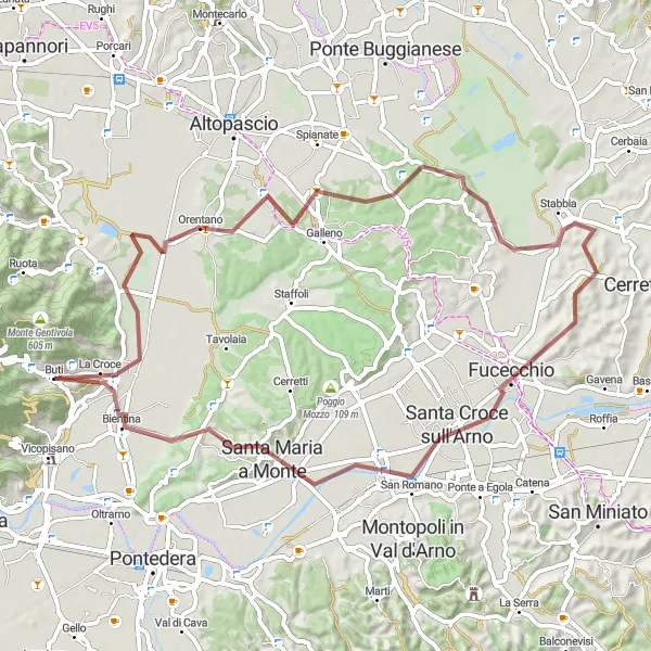 Miniatura della mappa di ispirazione al ciclismo "Giro in gravità da Buti a Monte Roncali" nella regione di Toscana, Italy. Generata da Tarmacs.app, pianificatore di rotte ciclistiche