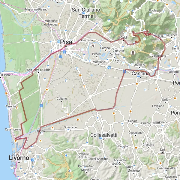 Map miniature of "Vicopisano Gravel Ride" cycling inspiration in Toscana, Italy. Generated by Tarmacs.app cycling route planner