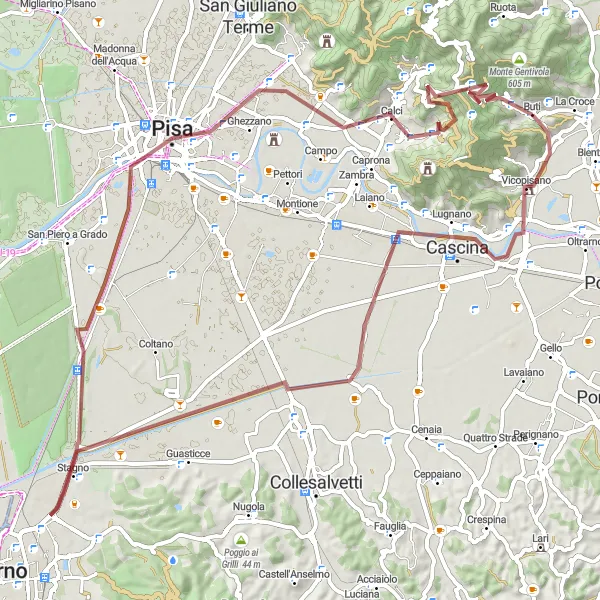 Kartminiatyr av "Scenic Grusvägscykelrutt från Buti" cykelinspiration i Toscana, Italy. Genererad av Tarmacs.app cykelruttplanerare