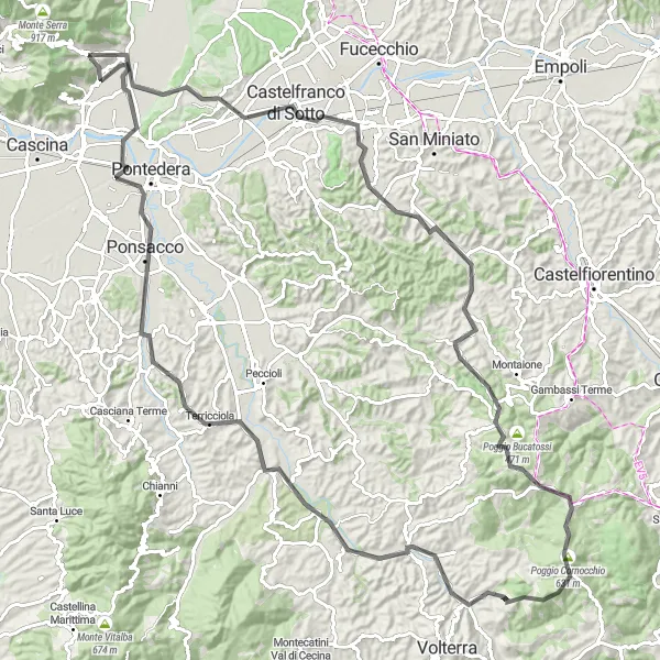 Miniatua del mapa de inspiración ciclista "Ruta de ciclismo por carretera de Buti a Terricciola y Ponsacco" en Toscana, Italy. Generado por Tarmacs.app planificador de rutas ciclistas