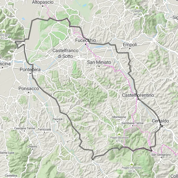 Map miniature of "Cascine di Buti Loop" cycling inspiration in Toscana, Italy. Generated by Tarmacs.app cycling route planner