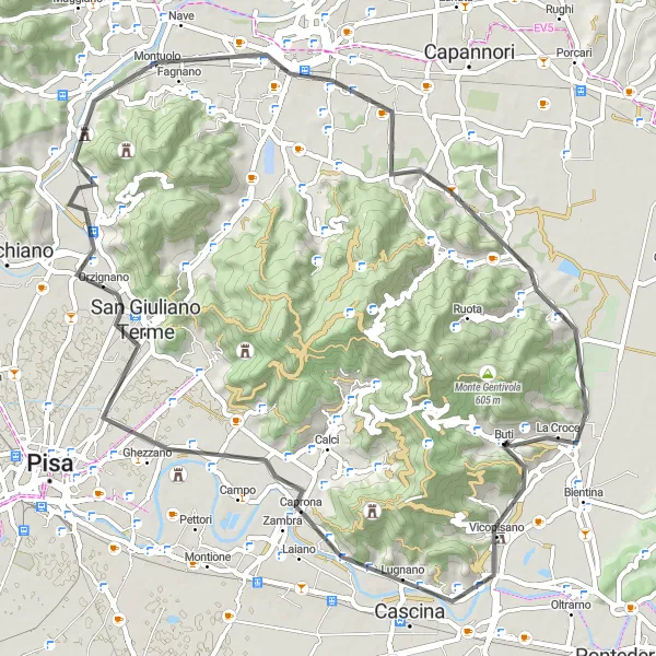 Miniatua del mapa de inspiración ciclista "Ruta de Vicopisano y Monte Cucco" en Toscana, Italy. Generado por Tarmacs.app planificador de rutas ciclistas