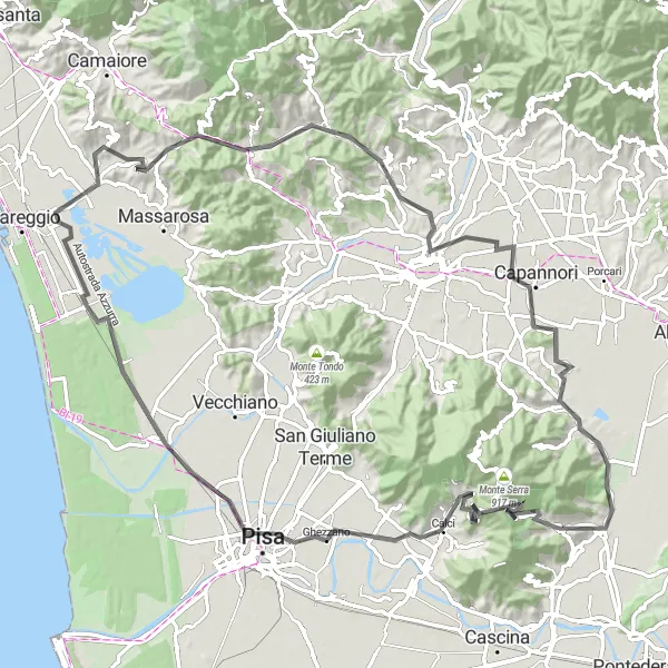 Map miniature of "From Buti to Pisa: Historical Tour" cycling inspiration in Toscana, Italy. Generated by Tarmacs.app cycling route planner