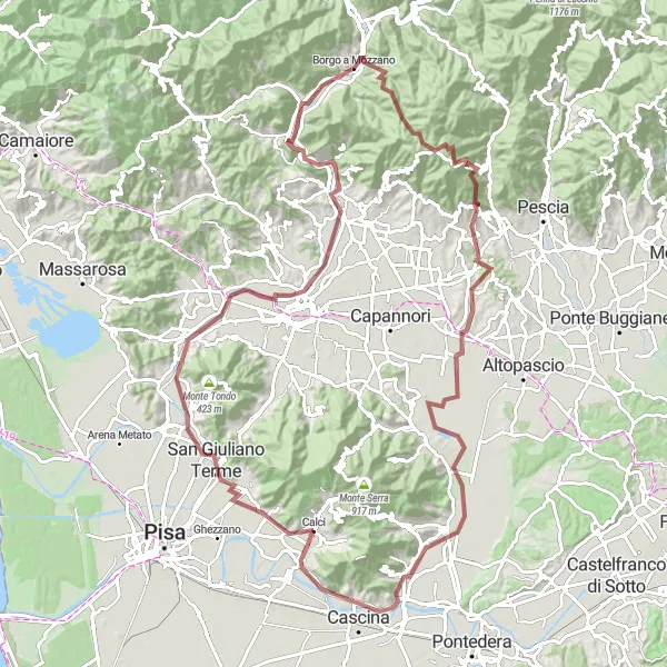 Zemljevid v pomanjšavi "Gravel Cycling Adventure near Calci" kolesarske inspiracije v Toscana, Italy. Generirano z načrtovalcem kolesarskih poti Tarmacs.app